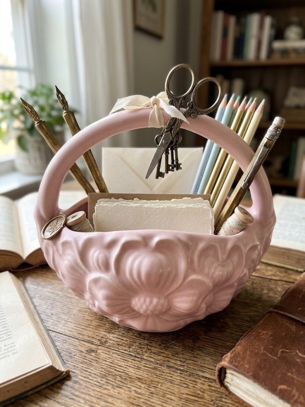 Vintage Matte Pink Ceramic Flower Basket Planter Mid Century Pastel Floral Dish